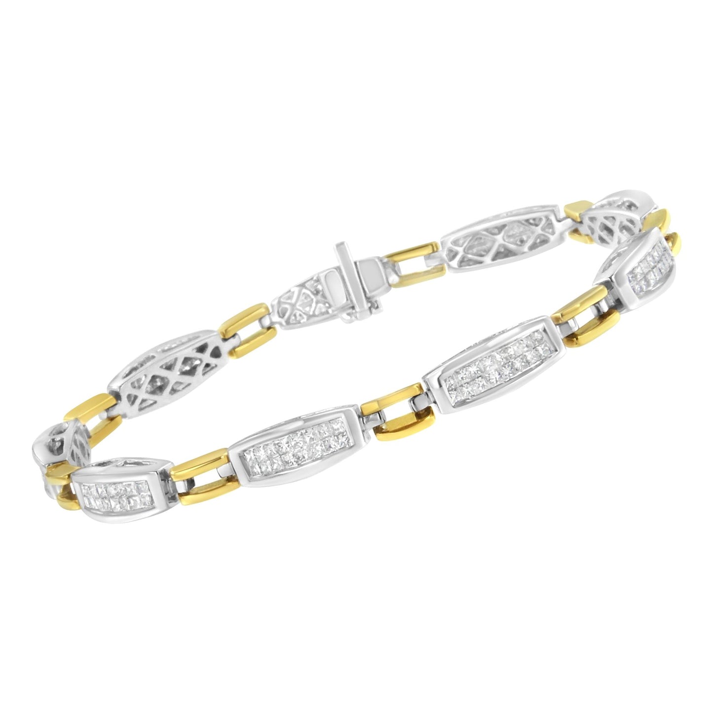 Bracelet shot from an angled top view, featuring alternating segments of yellow and white metal with rectangular white gemstones in a channel setting.
