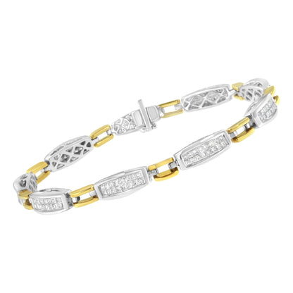 Bracelet shot from an angled top view, featuring alternating segments of yellow and white metal with rectangular white gemstones in a channel setting.