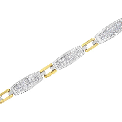 Close-up angled view of a two-tone bracelet featuring rectangular segments with channel-set white princess-shaped gemstones connected by yellow links on a white background.
