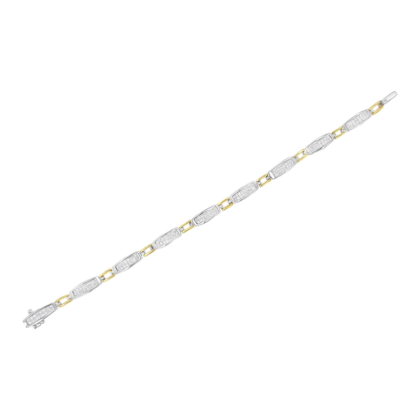 Bracelet shown from a top-down angle featuring alternating yellow and white metal links with white gemstones in rectangular shapes set in channel settings.