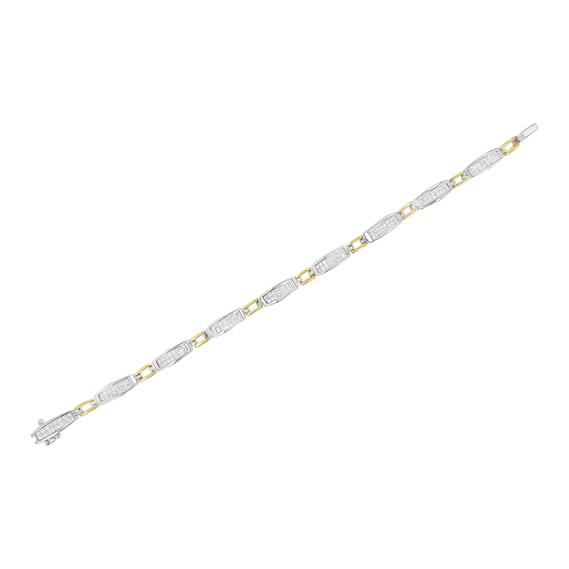 Bracelet shown from a top-down angle featuring alternating yellow and white metal links with white gemstones in rectangular shapes set in channel settings.