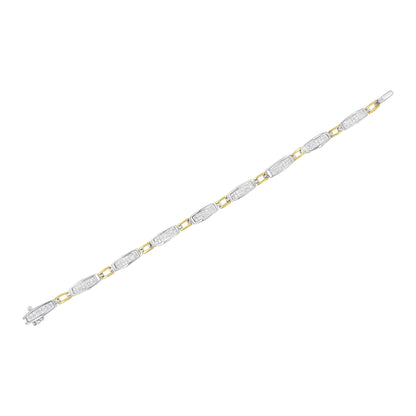 Bracelet shown from a top-down angle featuring alternating yellow and white metal links with white gemstones in rectangular shapes set in channel settings.