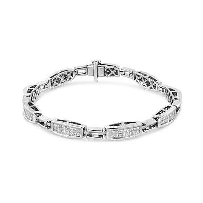 White metal bracelet with rectangular links featuring invisible-set white gemstone clusters, shown in a front-facing angle.