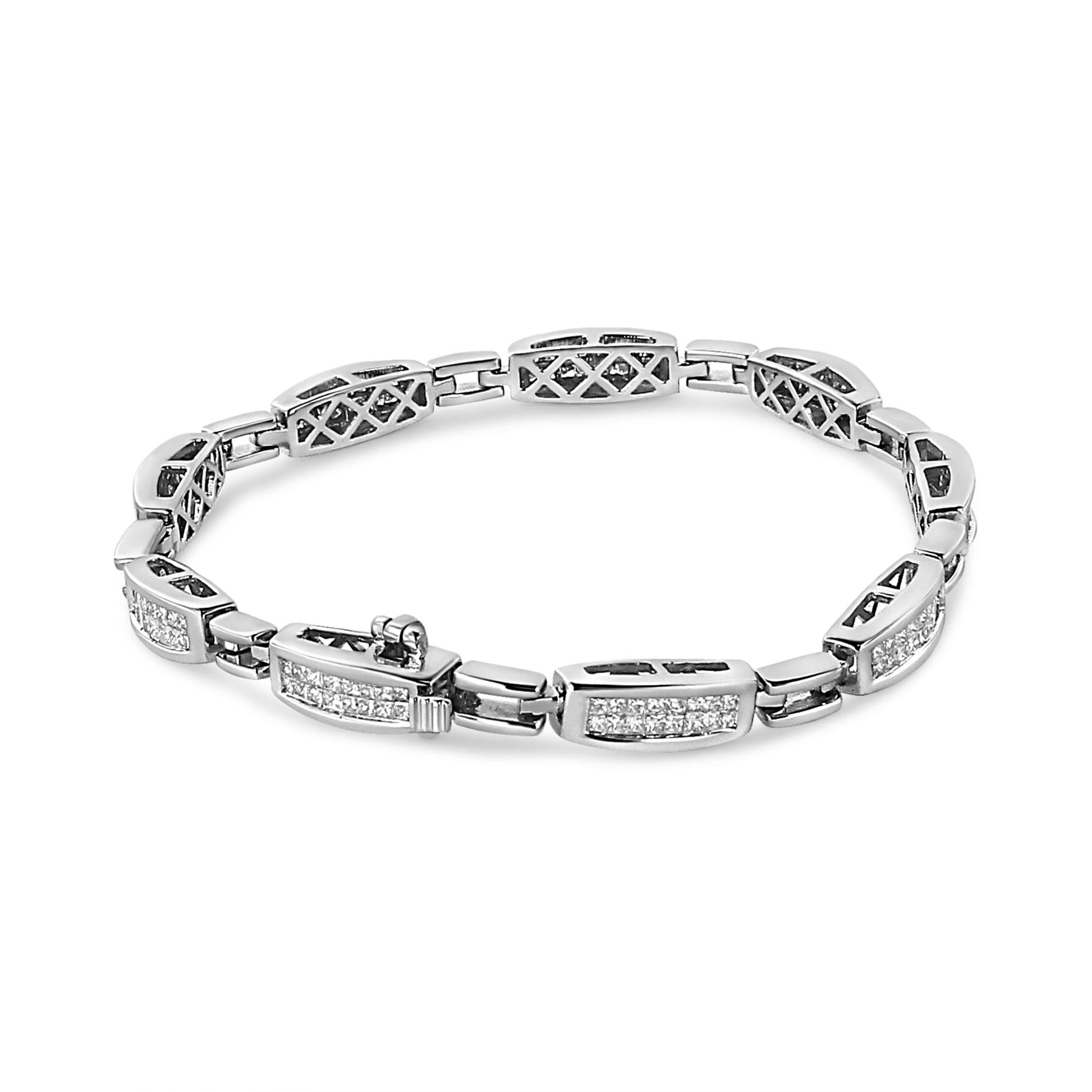 White metal bracelet with sections of white princess-shaped gemstones in invisible setting, shown in a flat lay top-down angle.