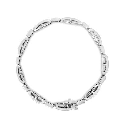 Top-down view of a white metal bracelet with linked hollow rectangular segments and a clasp featuring invisible-set white princess-shaped gemstones.
