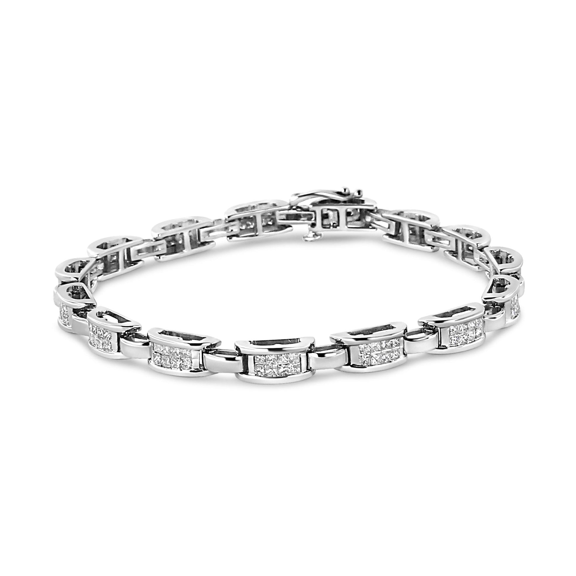White metal bracelet with linked rectangular segments featuring invisible-set princess-shaped white gemstones, shown from a front angle on a white background.