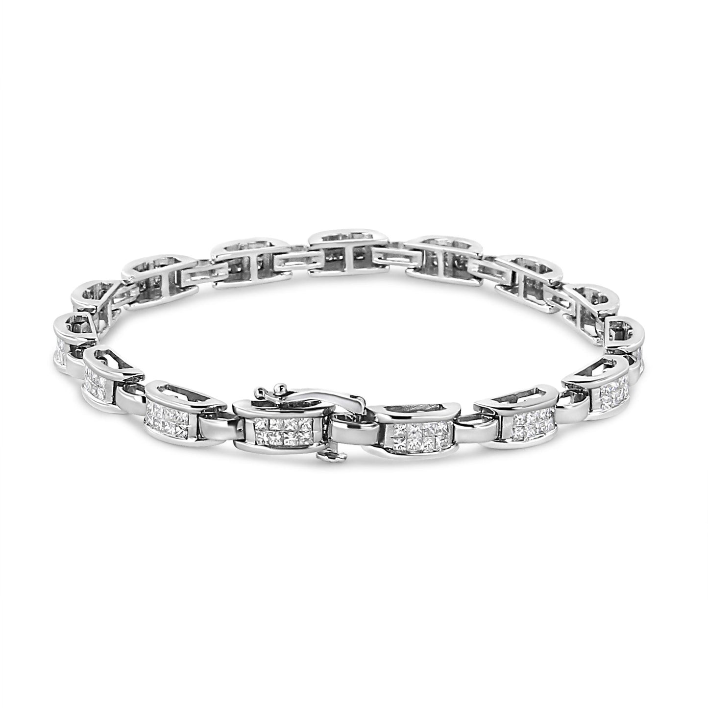 White metal bracelet with linked rectangular segments, each set with multiple square white gemstones in an invisible setting, shown flat at a slight angle.