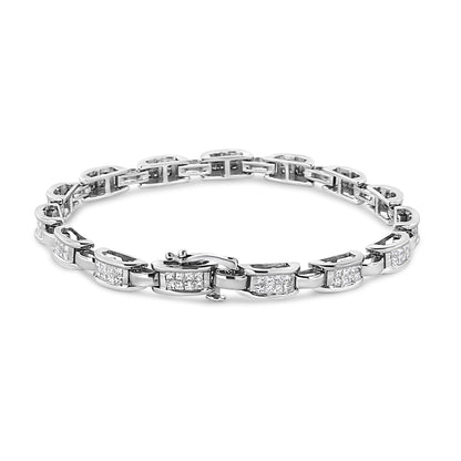 White metal bracelet with linked rectangular segments, each set with multiple square white gemstones in an invisible setting, shown flat at a slight angle.