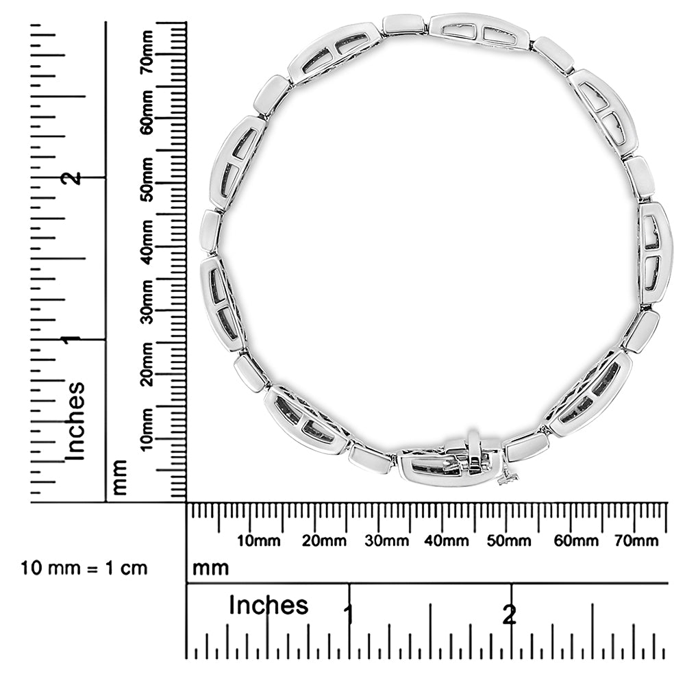 White bracelet with rectangular links featuring invisible-set white gemstones, displayed flat on a ruler for size reference, top-down angle.