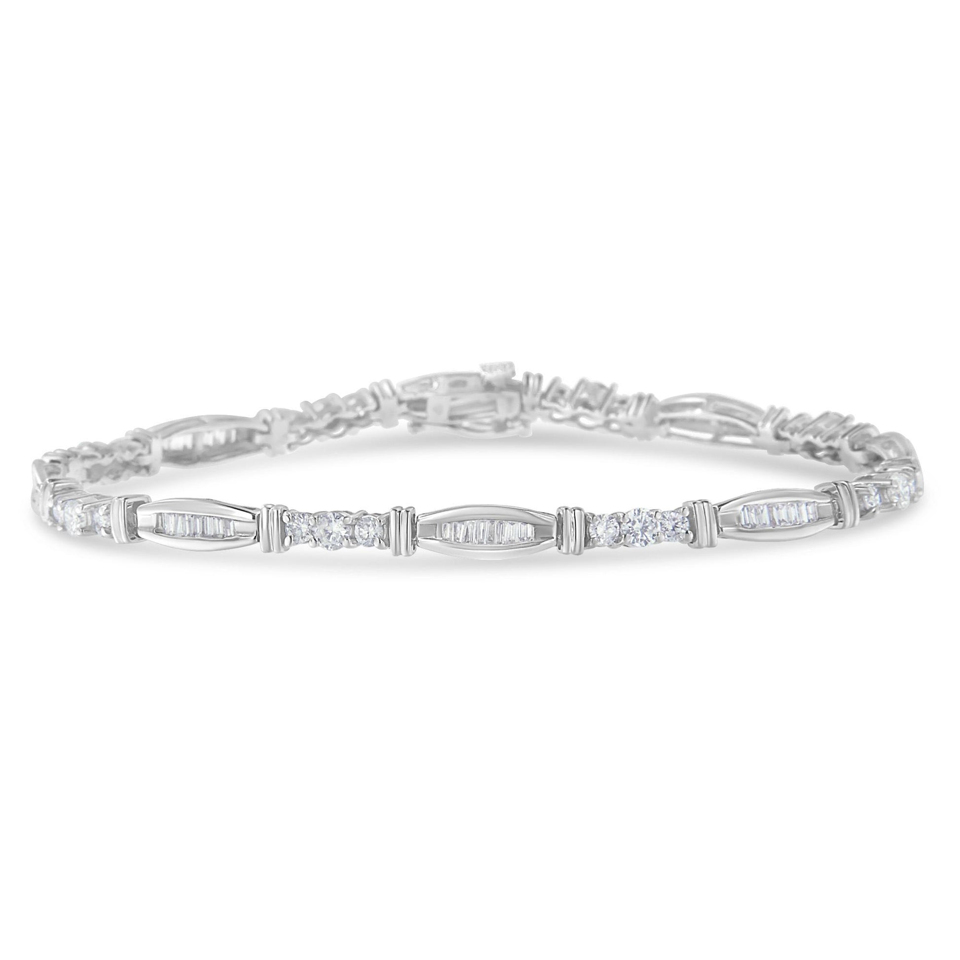 White metal bracelet with alternating round prong-set white gemstones and baguette channel-set white gemstones, shown in a front-facing angle.
