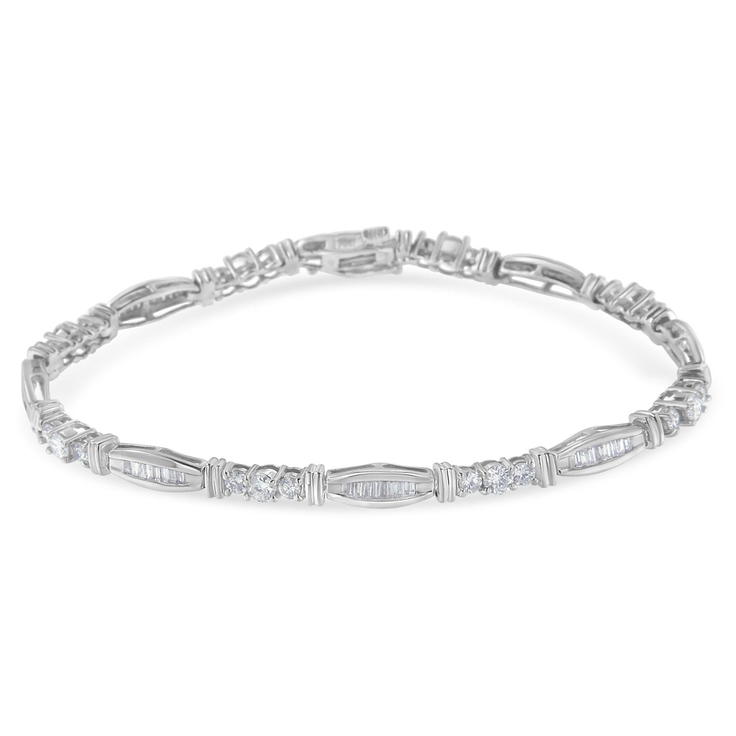 White metal bracelet with alternating round prong-set and baguette channel-set white gemstones, shown flat from a front angle.