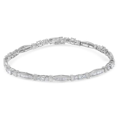 White metal bracelet with alternating round prong-set and baguette channel-set white gemstones, shown flat from a front angle.