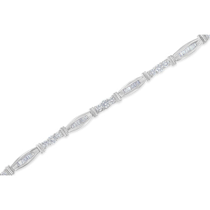 White metal bracelet with alternating sections of round white gemstones in prong settings and elongated segments containing baguette white gemstones in channel settings, shown in a close-up diagonal angle.