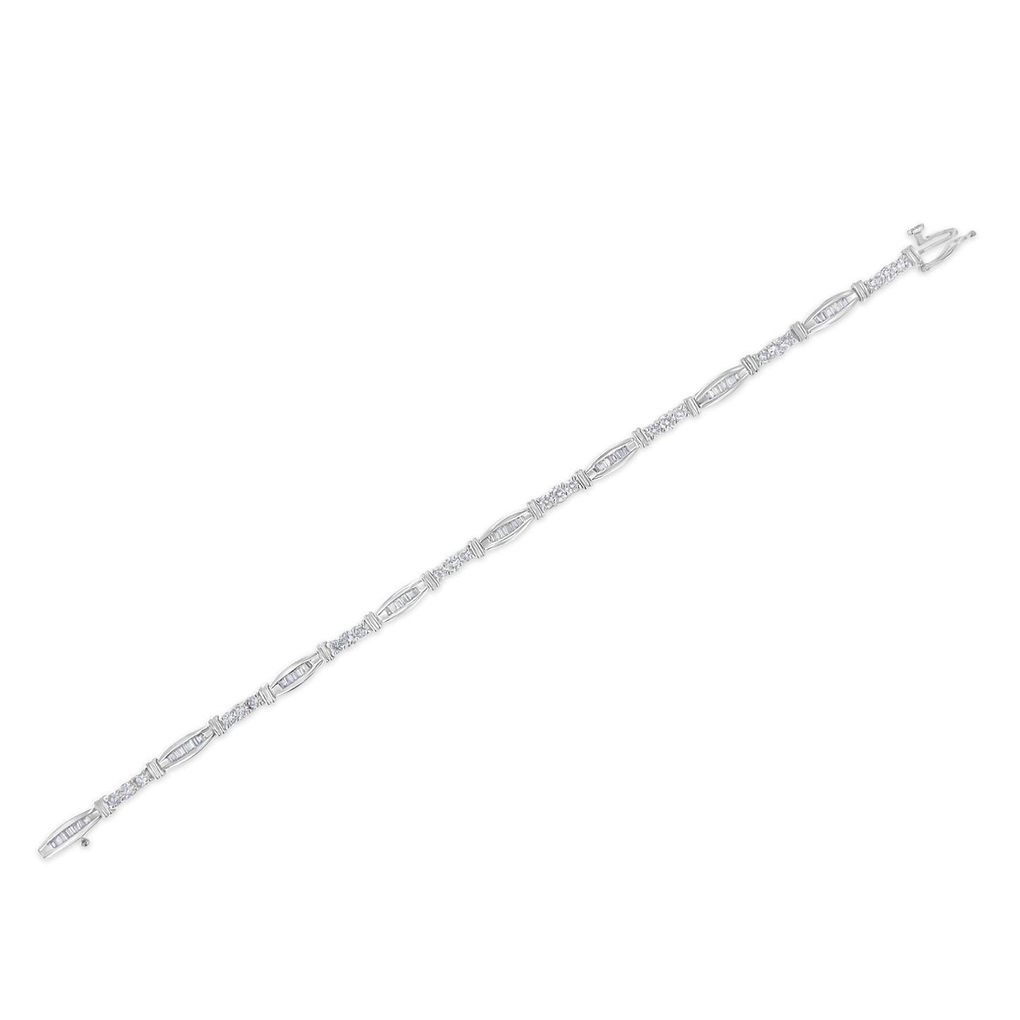 White metal bracelet with alternating round prong-set and baguette channel-set white gemstones, shown from a top-down angle.