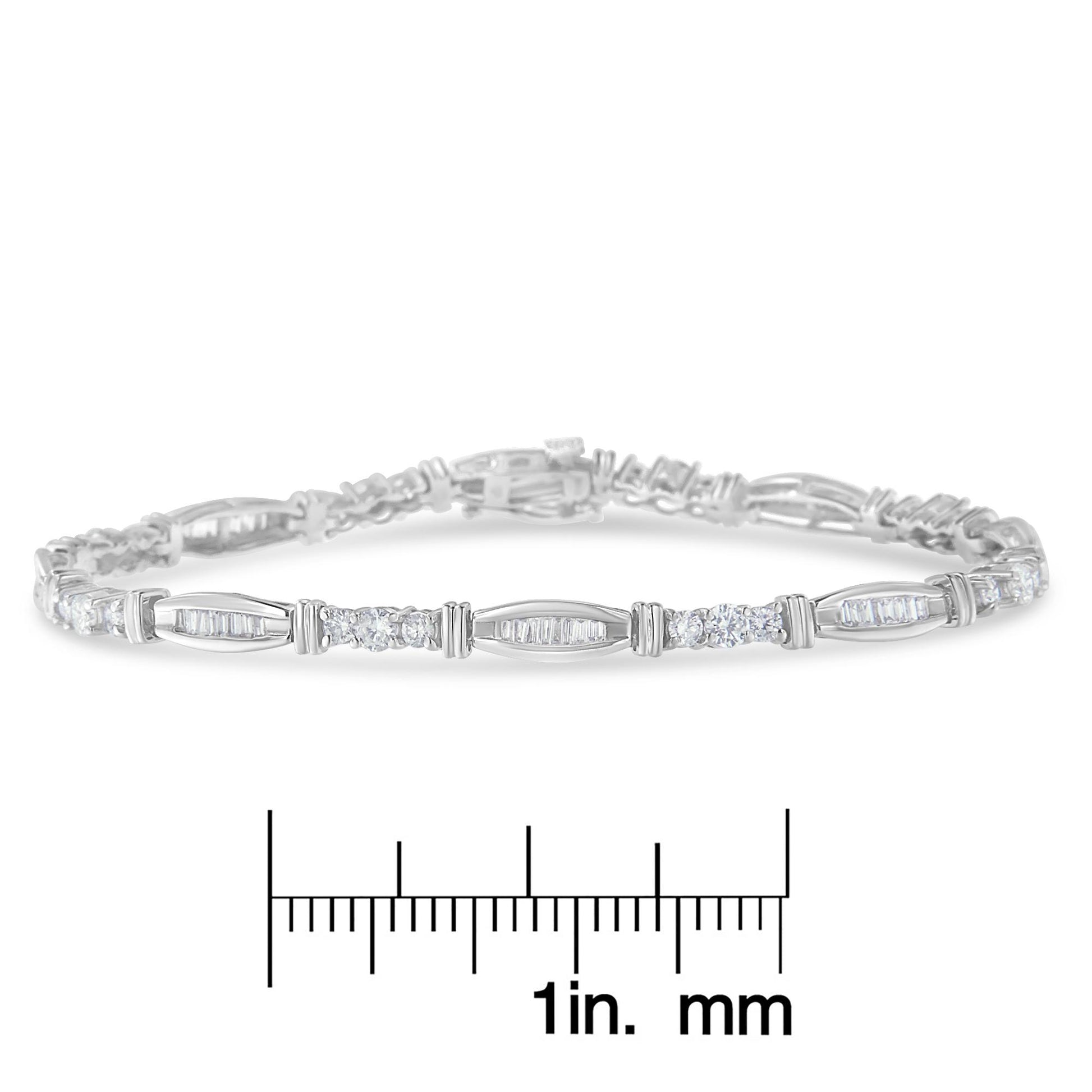 White metal bracelet with alternating round prong-set white gemstones and baguette channel-set white gemstones, displayed on a ruler for size reference, front-facing angle.
