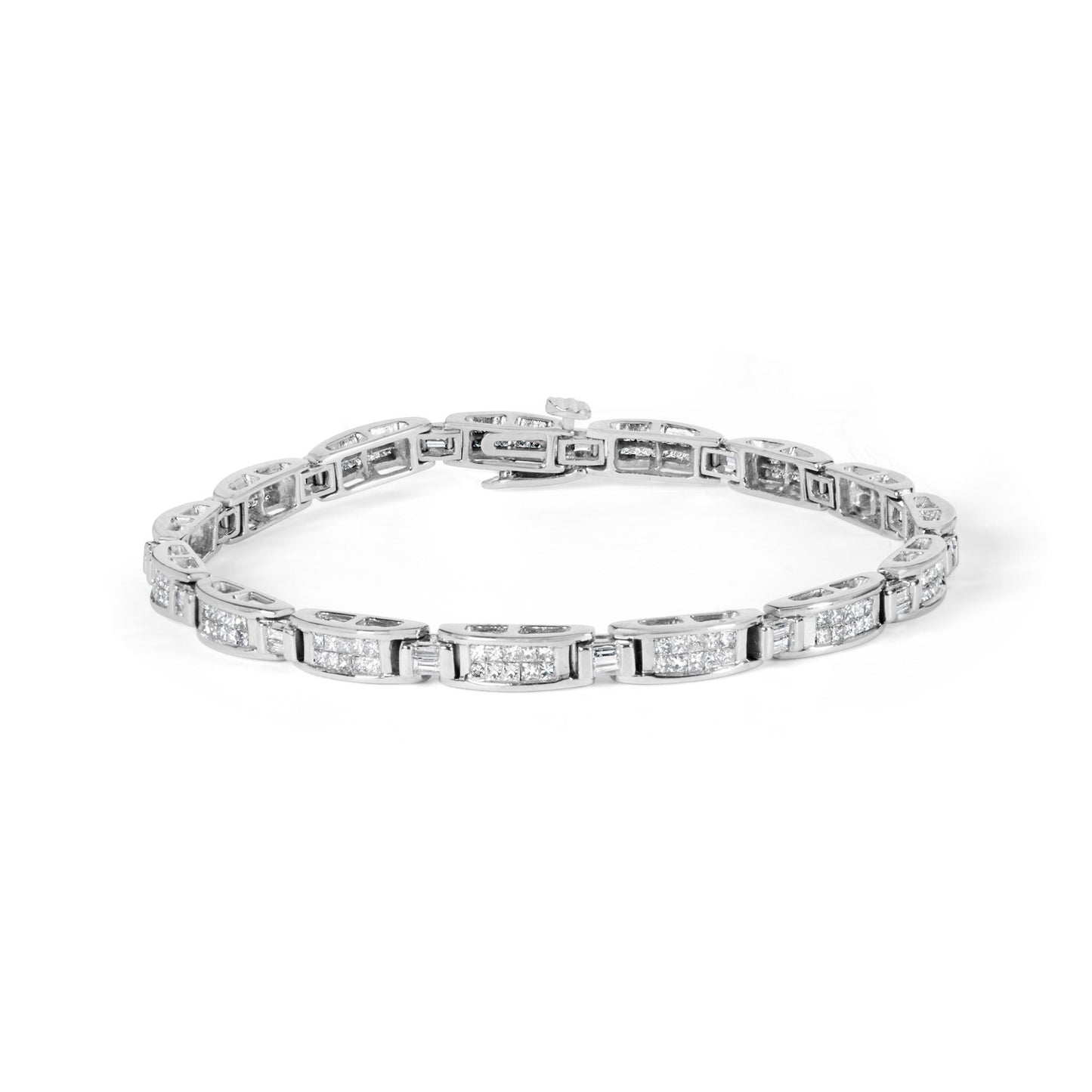 White metal bracelet with alternating baguette and princess shape white gemstones, shown from a front angle on a white background.