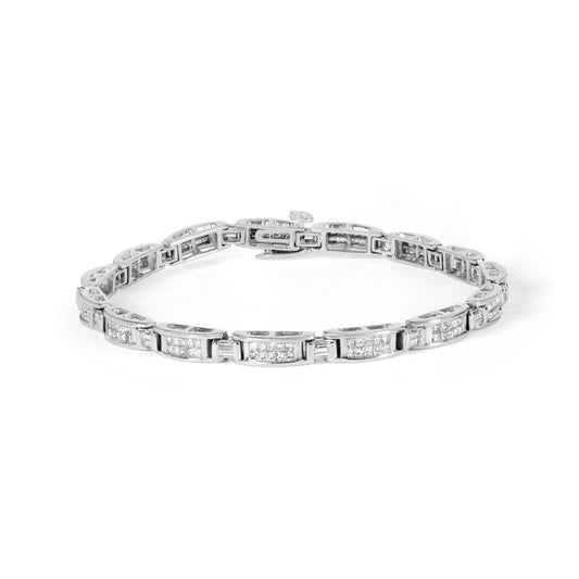 White metal bracelet with alternating baguette and princess shape white gemstones, shown from a front angle on a white background.