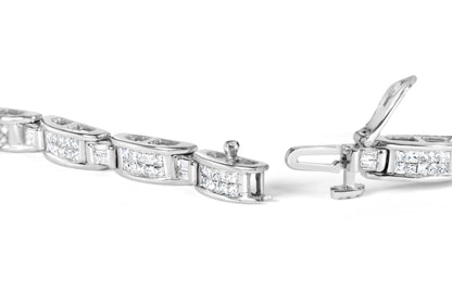 Close-up angled view of a white metal bracelet featuring square white gemstones in invisible settings and rectangular white gemstones in prong settings, with a visible clasp.