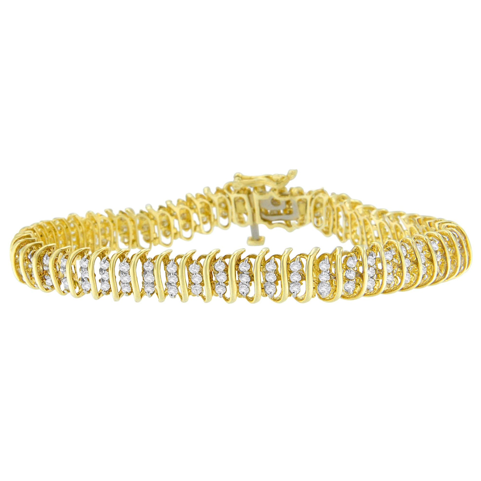 Yellow bracelet with rows of round white gemstones in prong settings, shown from a slightly angled front view.