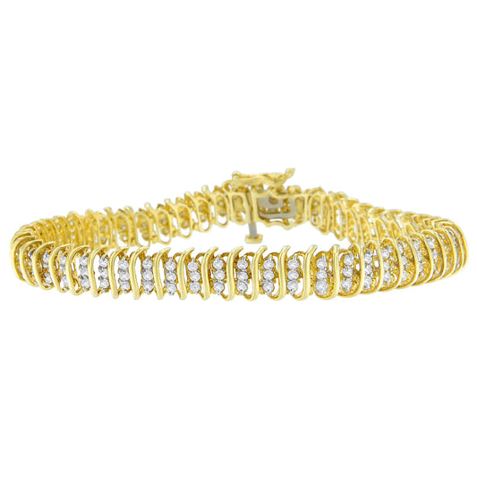 Yellow bracelet with rows of round white gemstones in prong settings, shown from a slightly angled front view.