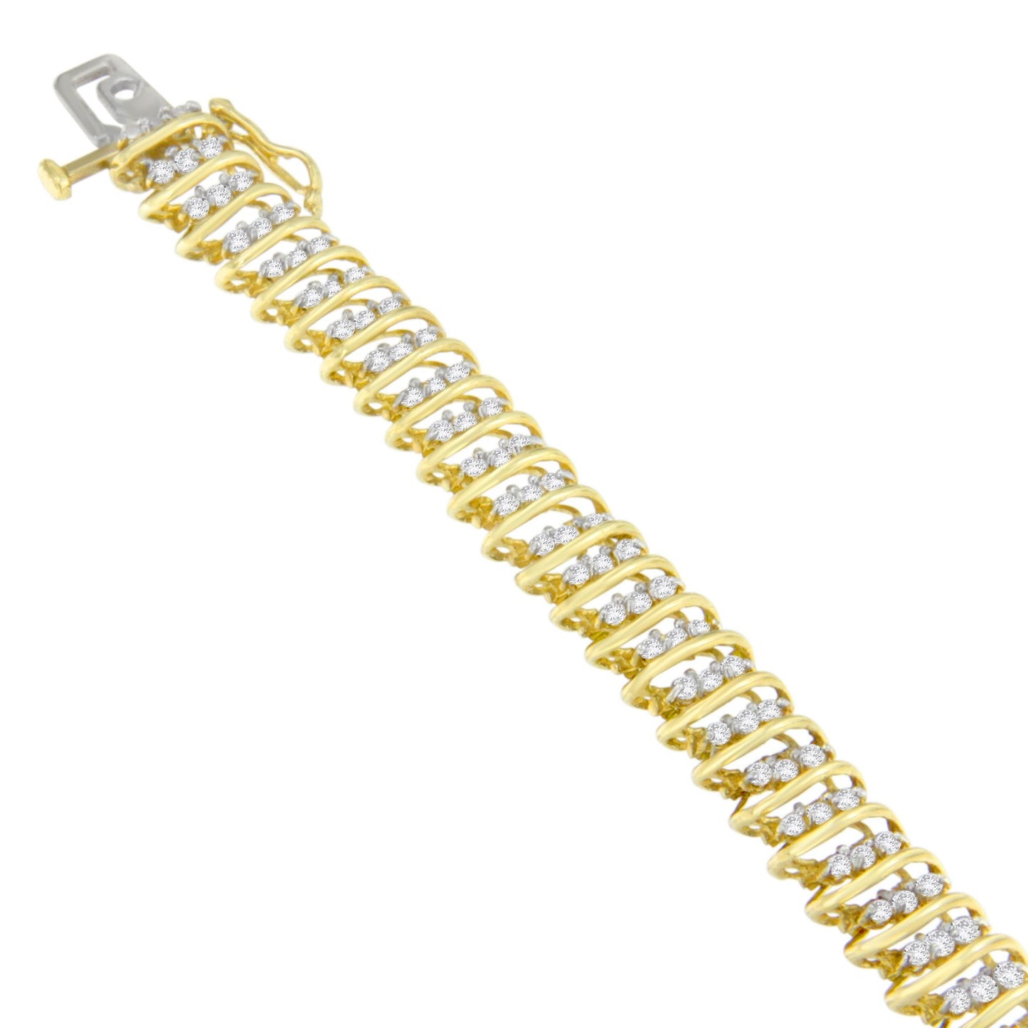 Close-up, angled view of a yellow metal bracelet with rows of white round gemstones in prong settings.