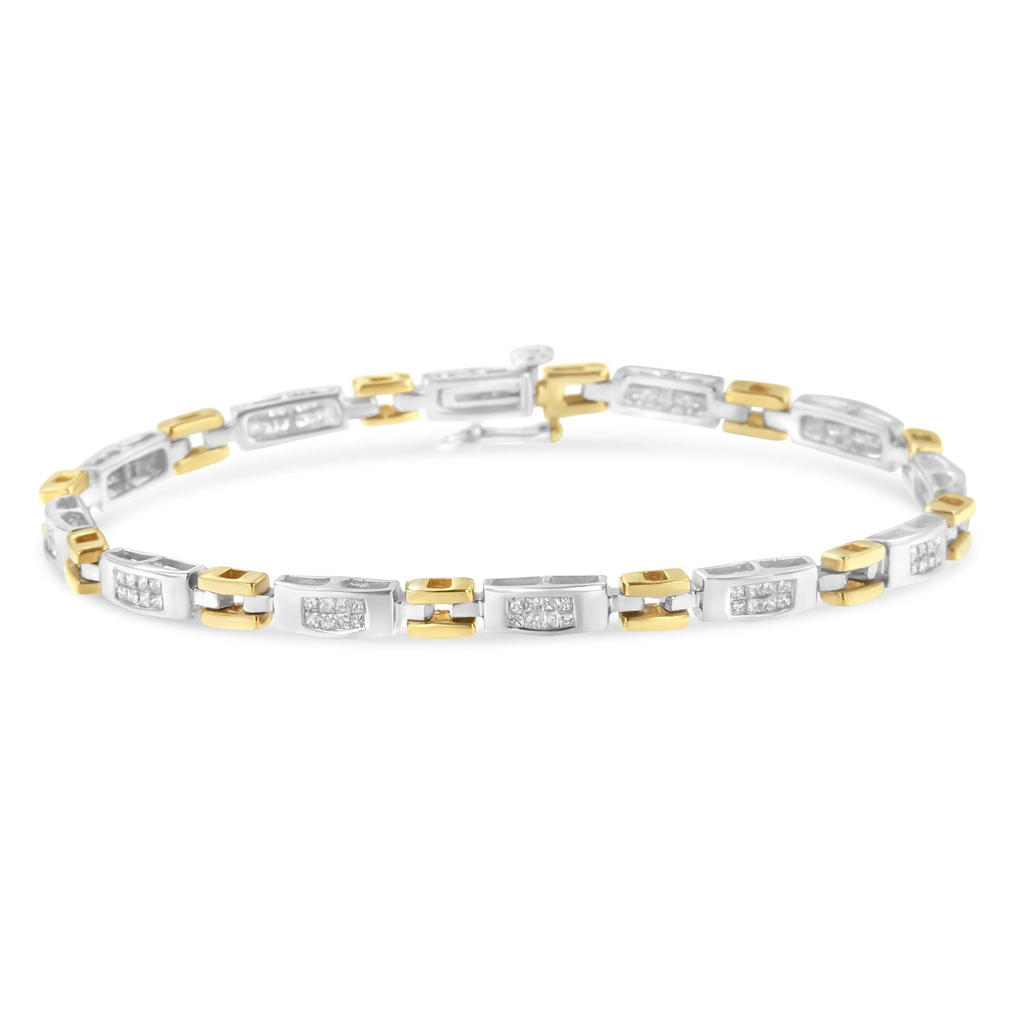 Bracelet with alternating yellow and white metal links, each white link set with white princess shape gemstones in invisible settings, shown from a slightly angled top-down view.