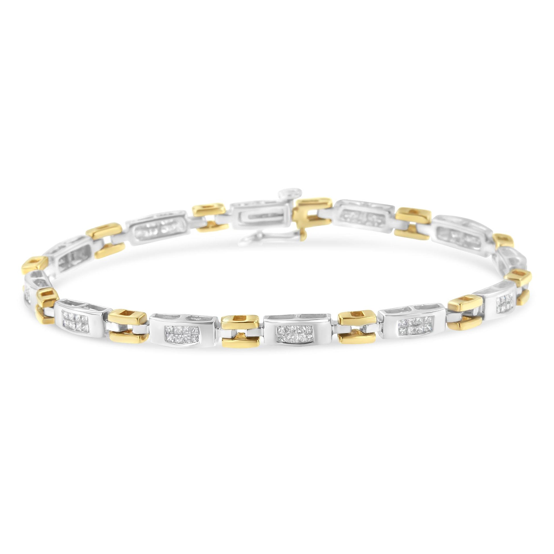 Bracelet with alternating yellow and white metal links, each white link set with white princess shape gemstones in invisible settings, shown from a slightly angled top-down view.