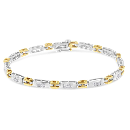 Close-up front angle of a yellow and white metal bracelet with rectangular links set with white princess-shaped gemstones in an invisible setting.