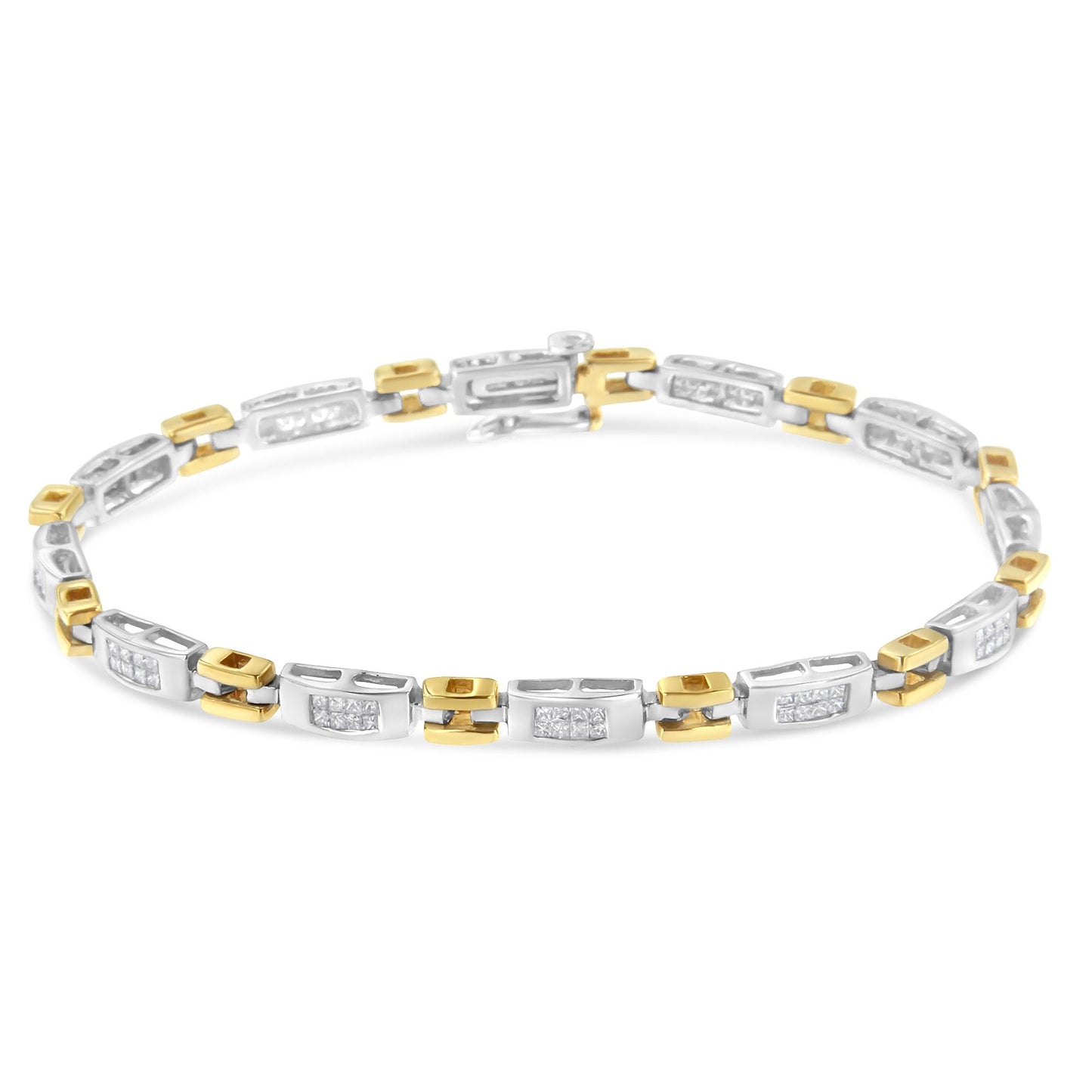 Close-up front angle of a yellow and white metal bracelet with rectangular links set with white princess-shaped gemstones in an invisible setting.