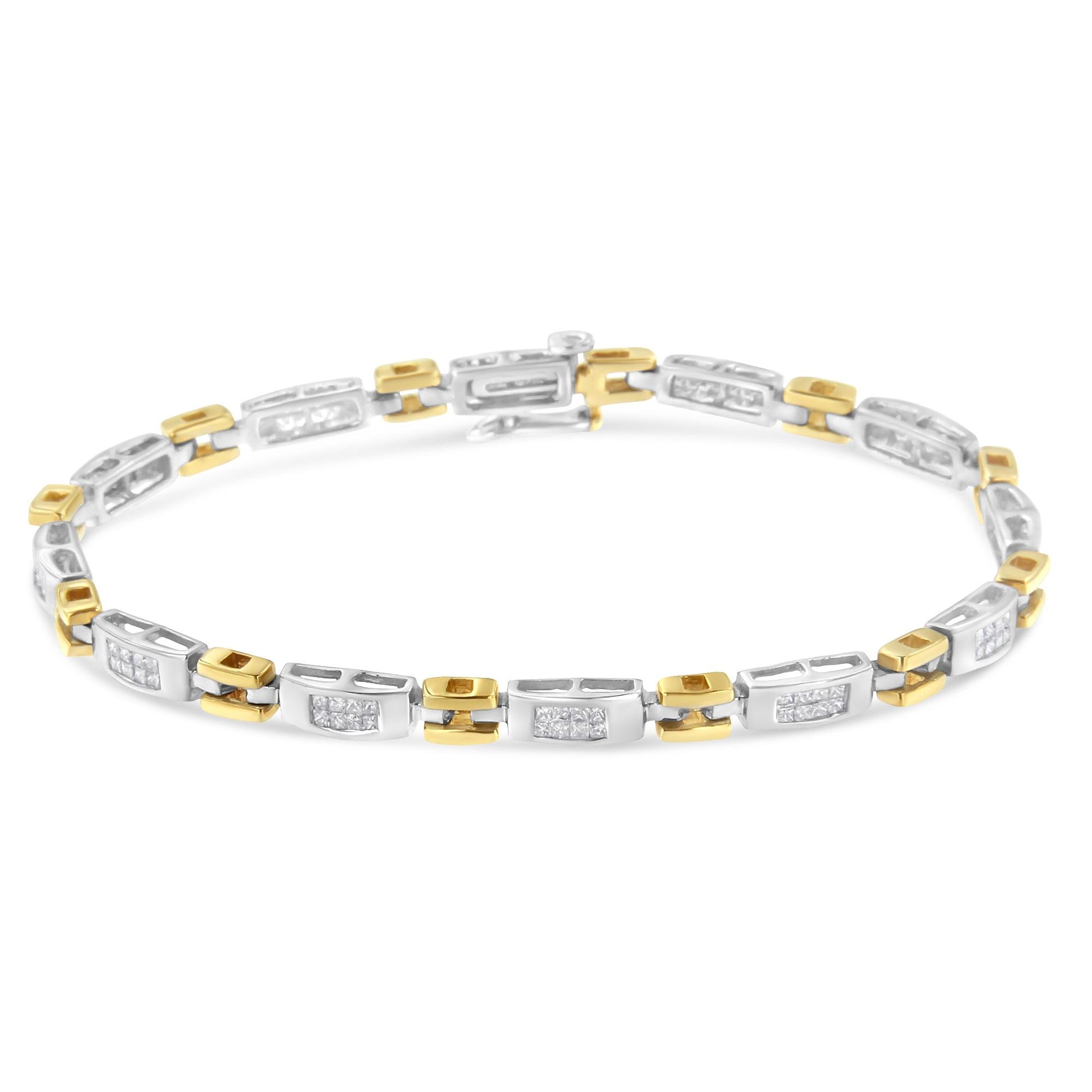 Close-up front angle of a yellow and white metal bracelet with rectangular links set with white princess-shaped gemstones in an invisible setting.