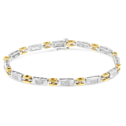 Close-up front angle of a yellow and white metal bracelet with rectangular links set with white princess-shaped gemstones in an invisible setting.
