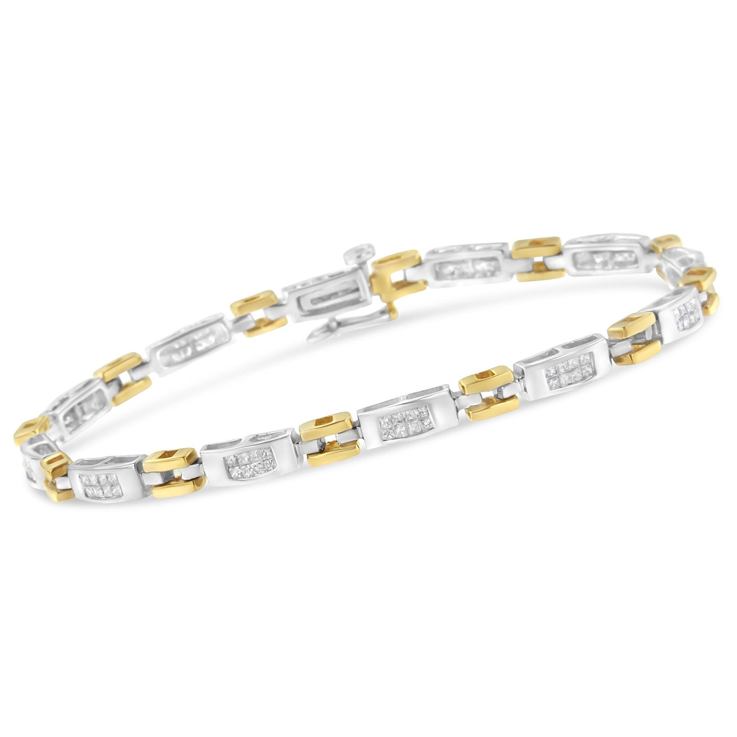 Bracelet with alternating yellow and white metal links featuring rectangular segments set with white princess-shaped gemstones, shown in a close-up angled shot.