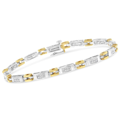 Bracelet with alternating yellow and white metal links featuring rectangular segments set with white princess-shaped gemstones, shown in a close-up angled shot.