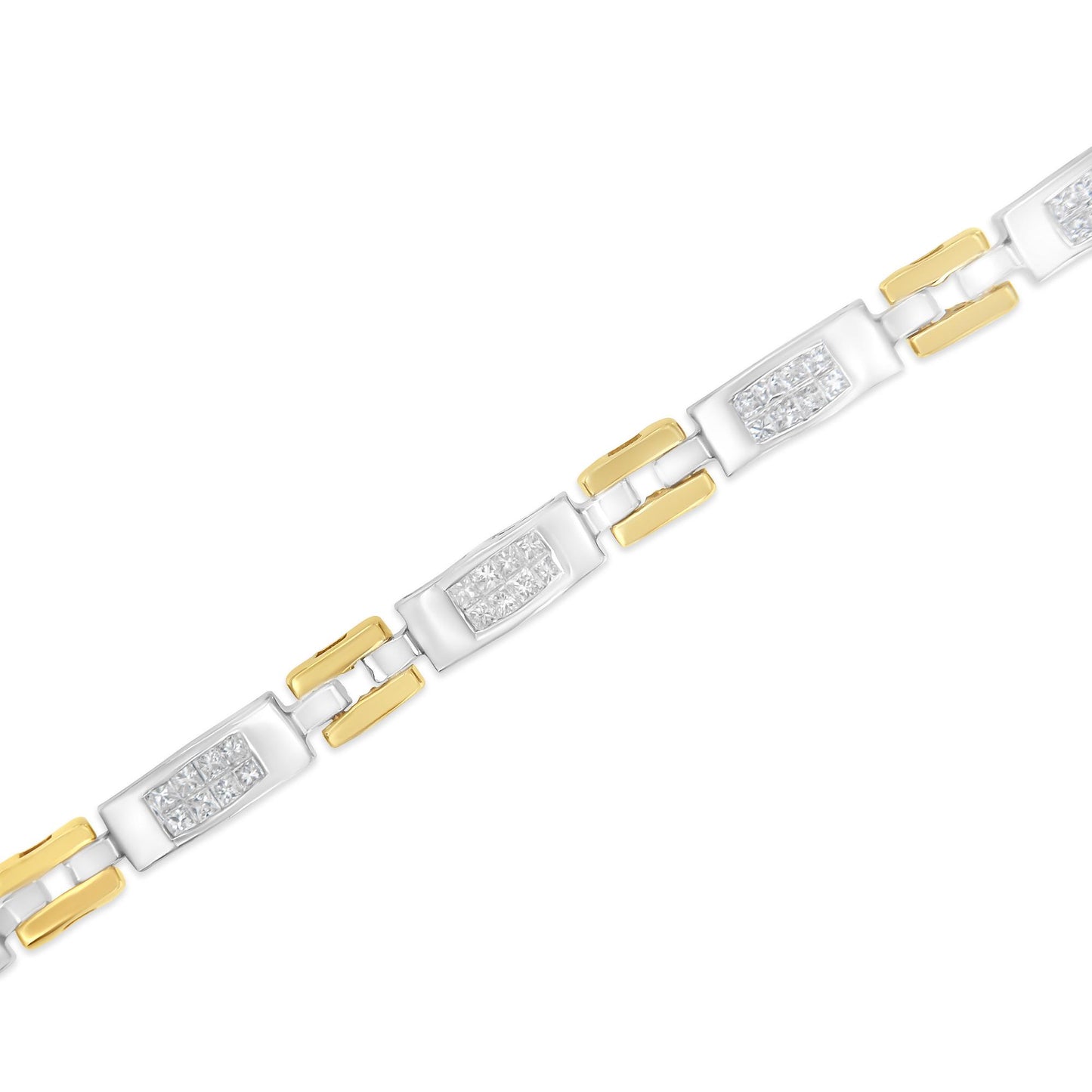 Diagonal close-up of a two-tone bracelet with rectangular links featuring clusters of white gemstones in an invisible setting.