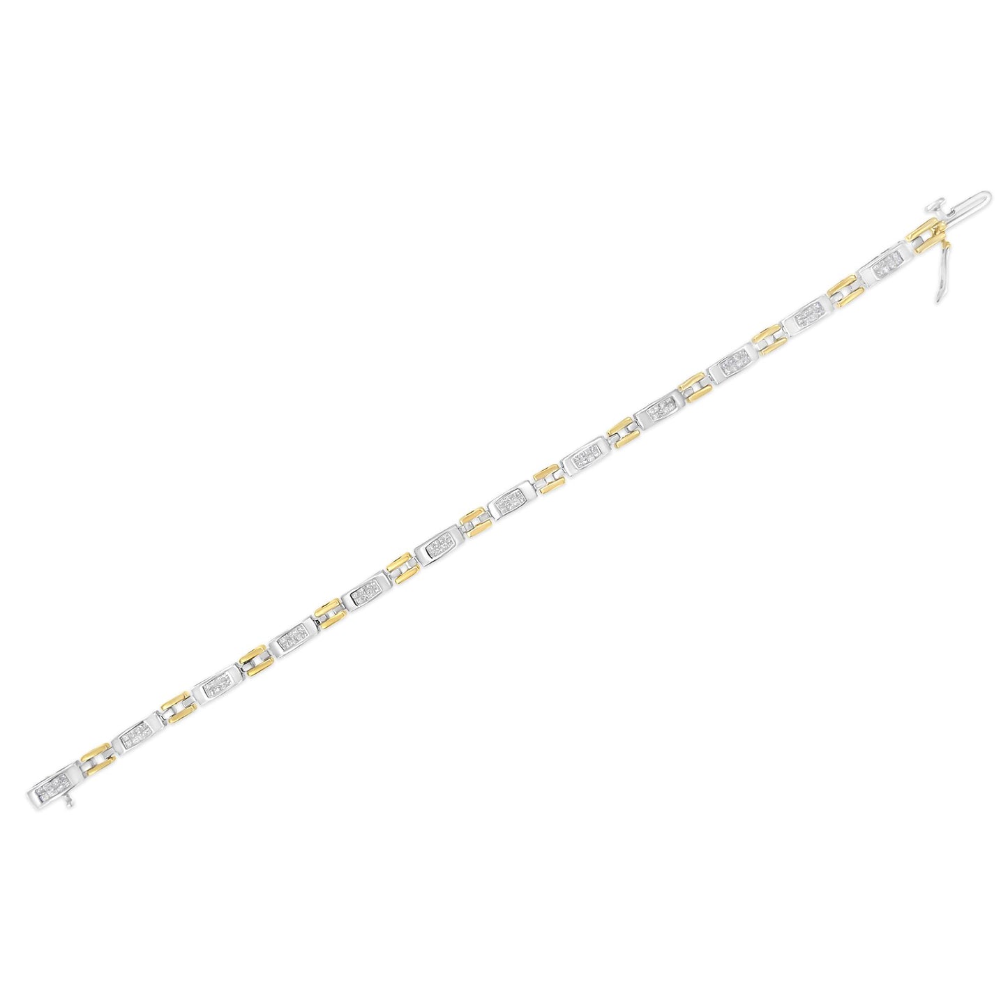 Image of a yellow and white two-tone bracelet with rectangular links, each set with white princess-shaped gemstones in an invisible setting, shown flat on a white background from a top-down angle.