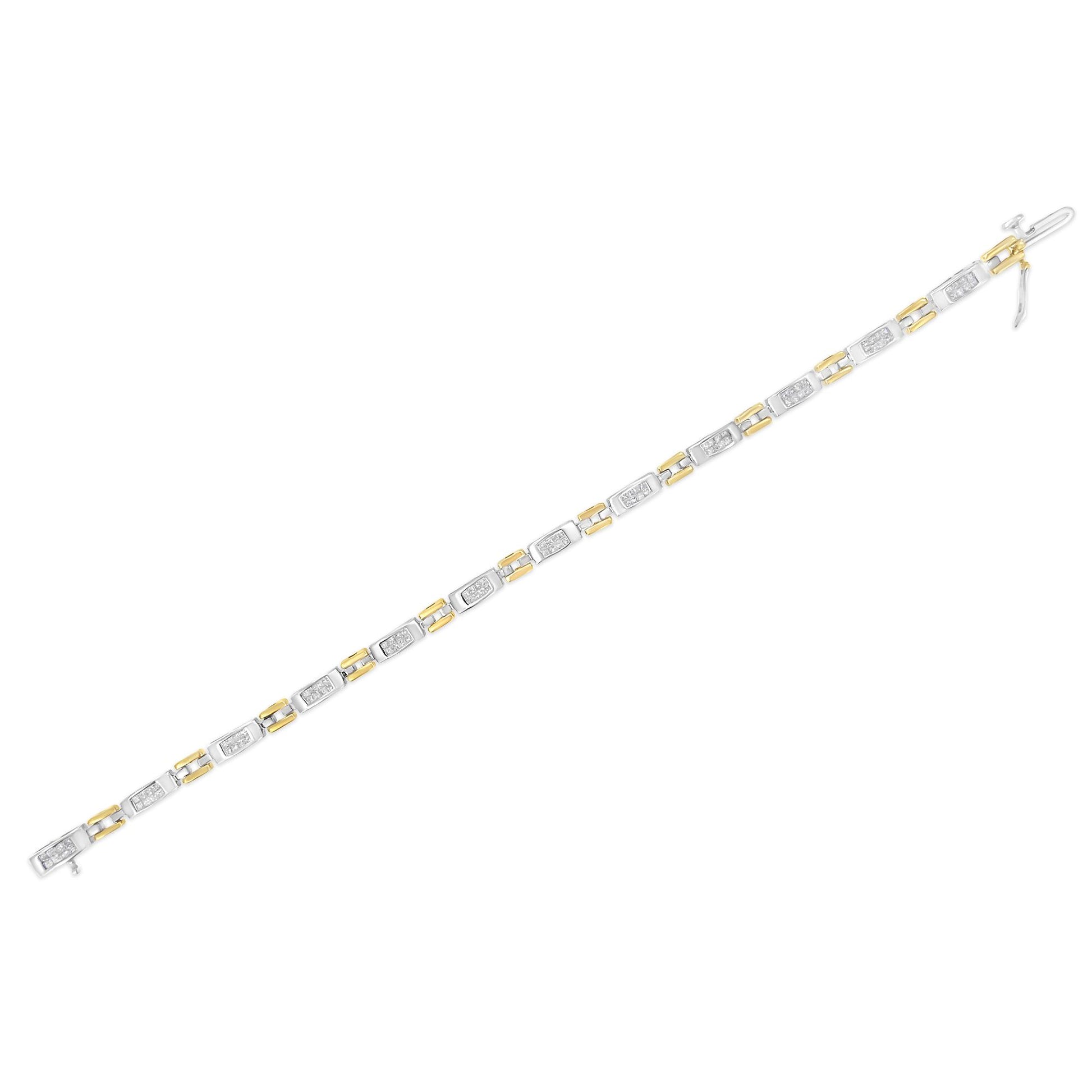 Image of a yellow and white two-tone bracelet with rectangular links, each set with white princess-shaped gemstones in an invisible setting, shown flat on a white background from a top-down angle.