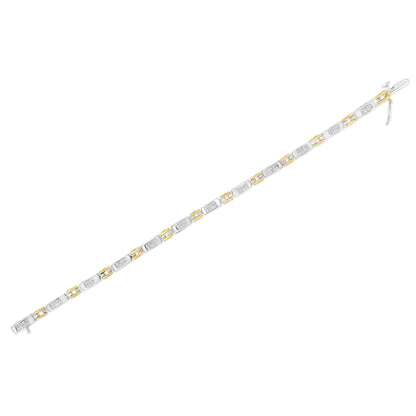Image of a yellow and white two-tone bracelet with rectangular links, each set with white princess-shaped gemstones in an invisible setting, shown flat on a white background from a top-down angle.