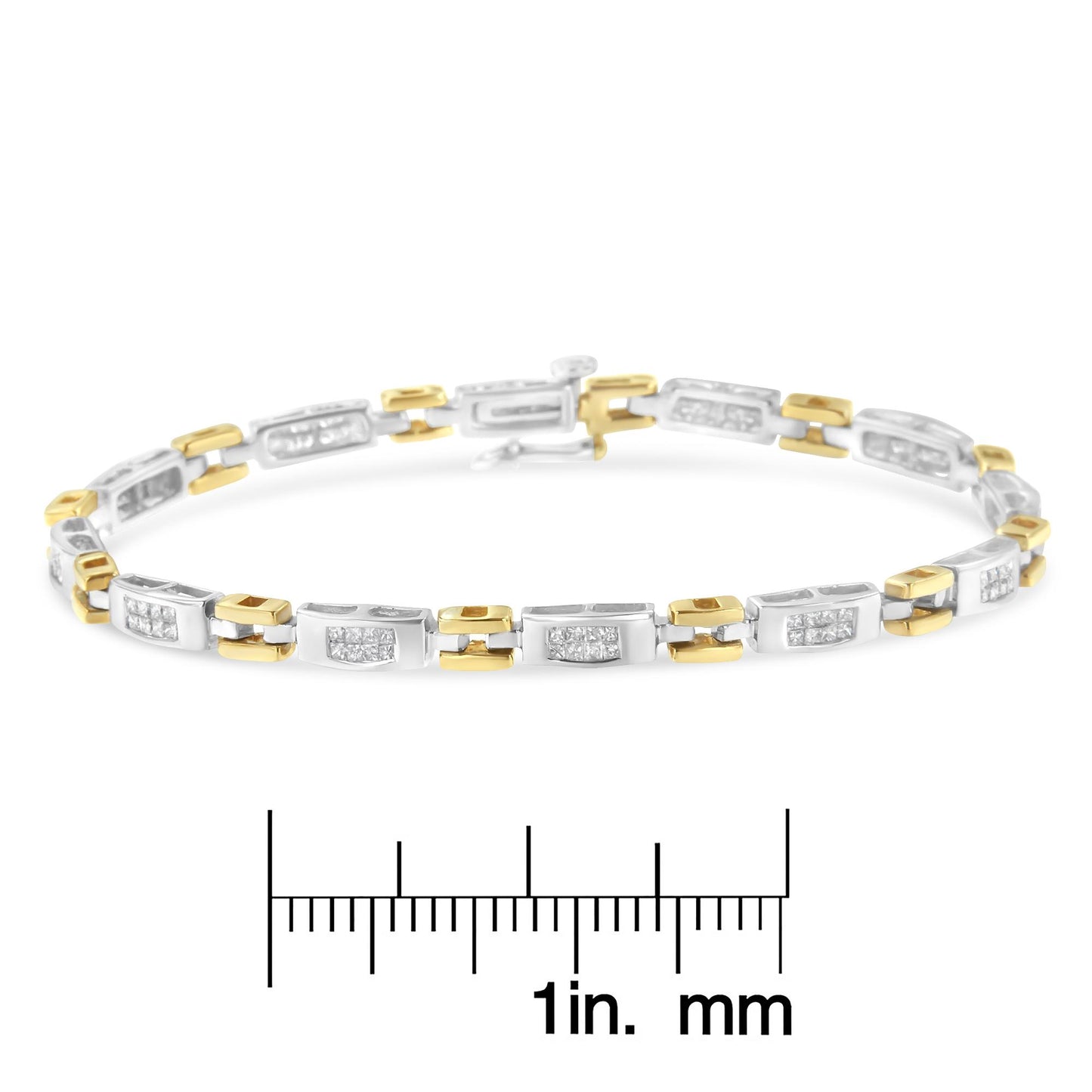 Bracelet with alternating yellow and white metal links, white gemstones set in rectangular white metal sections, shown in a front-facing angle, placed above a ruler for size reference.