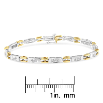 Bracelet with alternating yellow and white metal links, white gemstones set in rectangular white metal sections, shown in a front-facing angle, placed above a ruler for size reference.