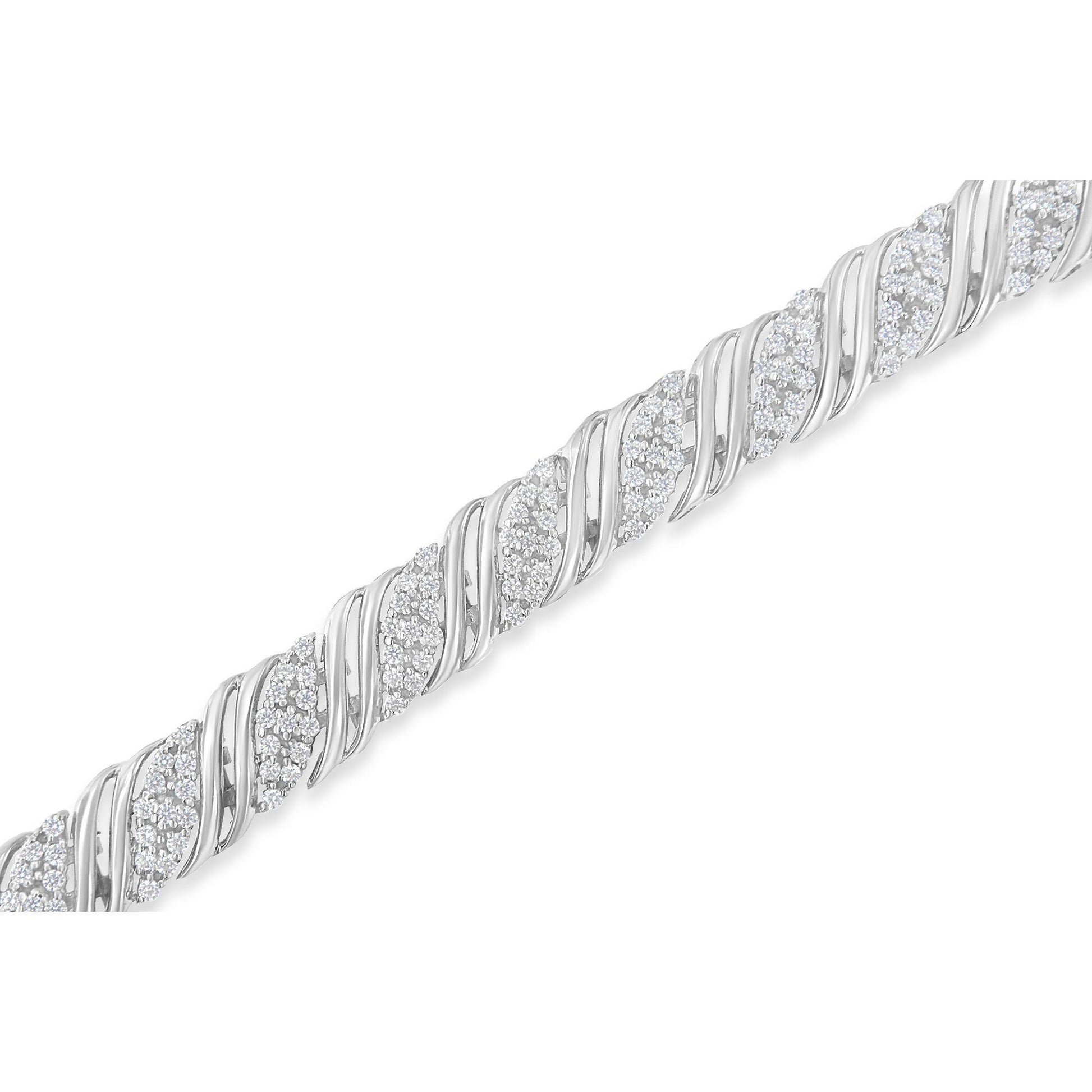 Close-up angled view of a white metal bracelet with a twisted design featuring round white gemstones in prong settings.