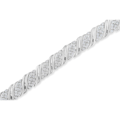 Close-up angled view of a white metal bracelet with a twisted design featuring round white gemstones in prong settings.