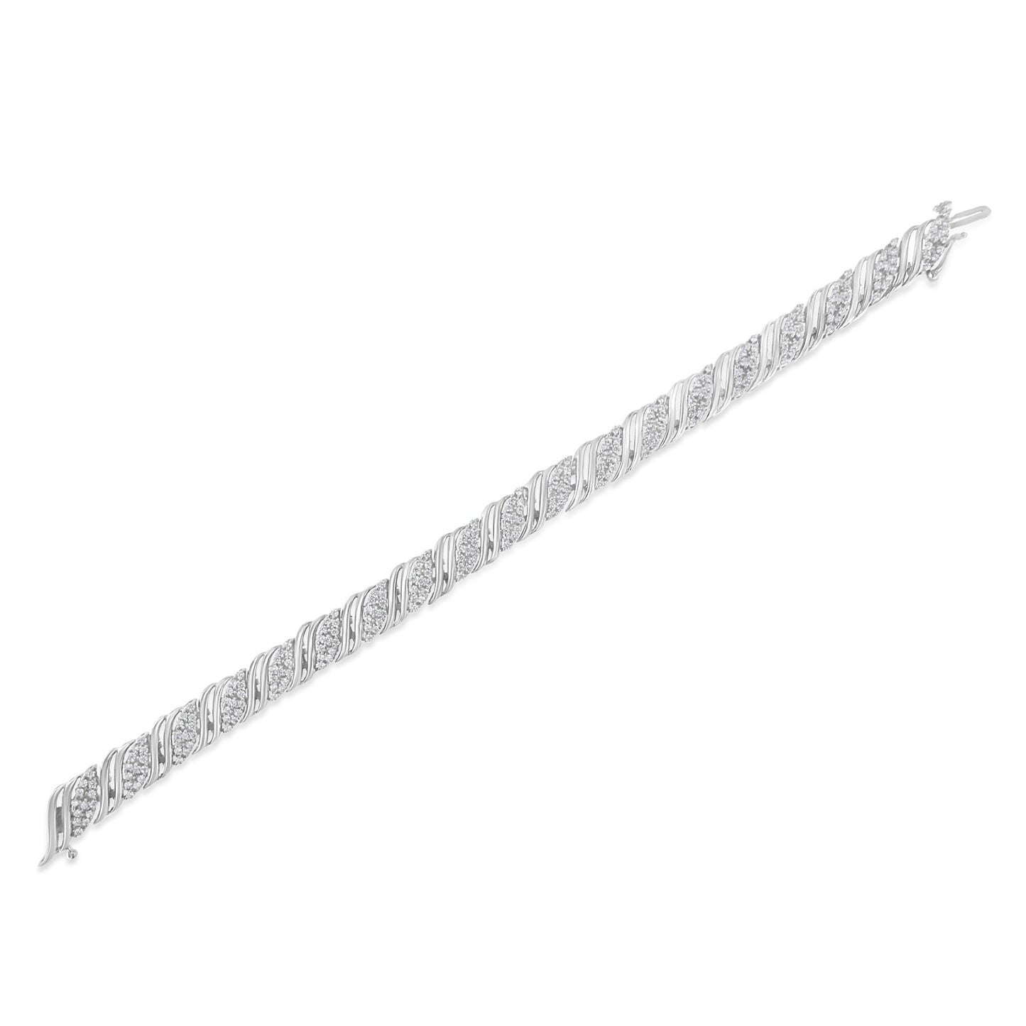 Diagonal view of a white metal bracelet with alternating segments of round white gemstones in prong settings and twisted metal design.