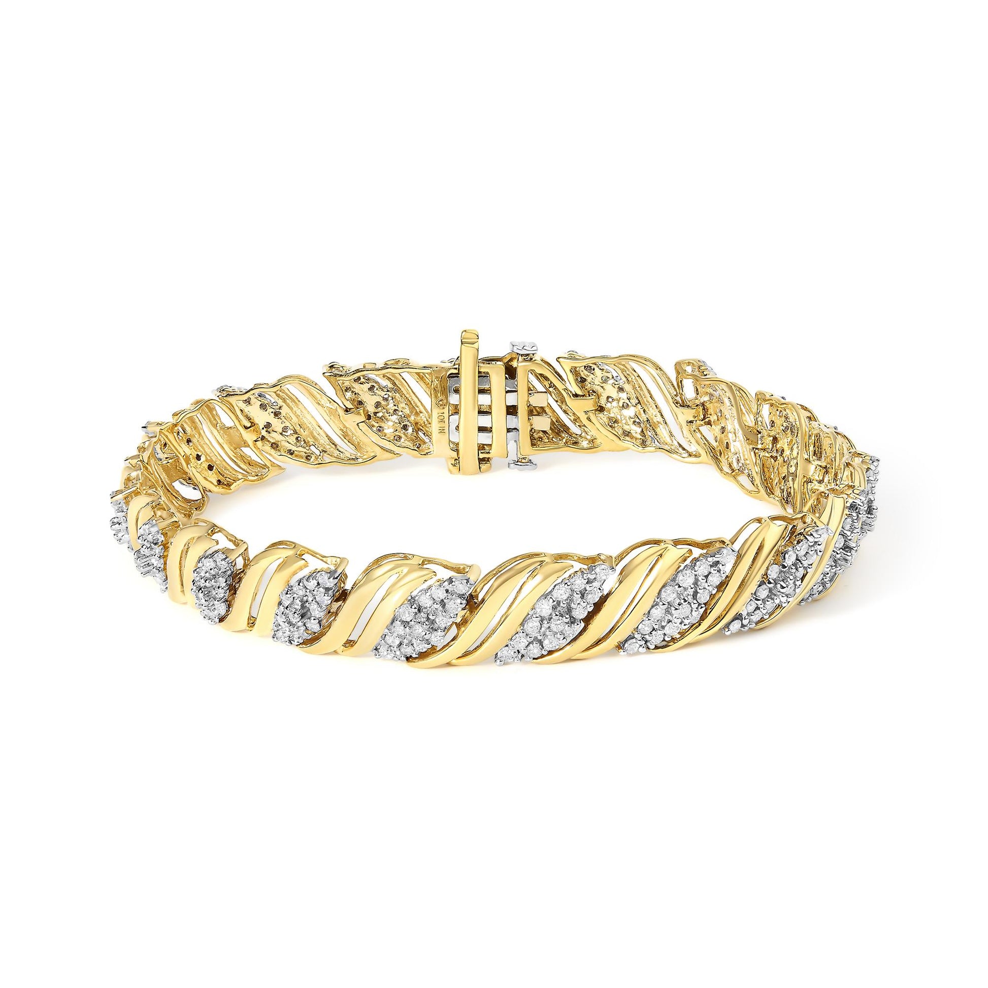 Close-up front angle of a yellow metal bracelet with curved links, accented with numerous small white gemstones in prong settings along the pattern, shown against a white background.
