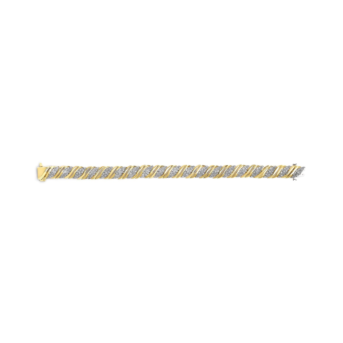 Yellow metal bracelet with alternating diagonal rows of small white gemstones and smooth yellow metal bands, shown from a front angle on a white background.