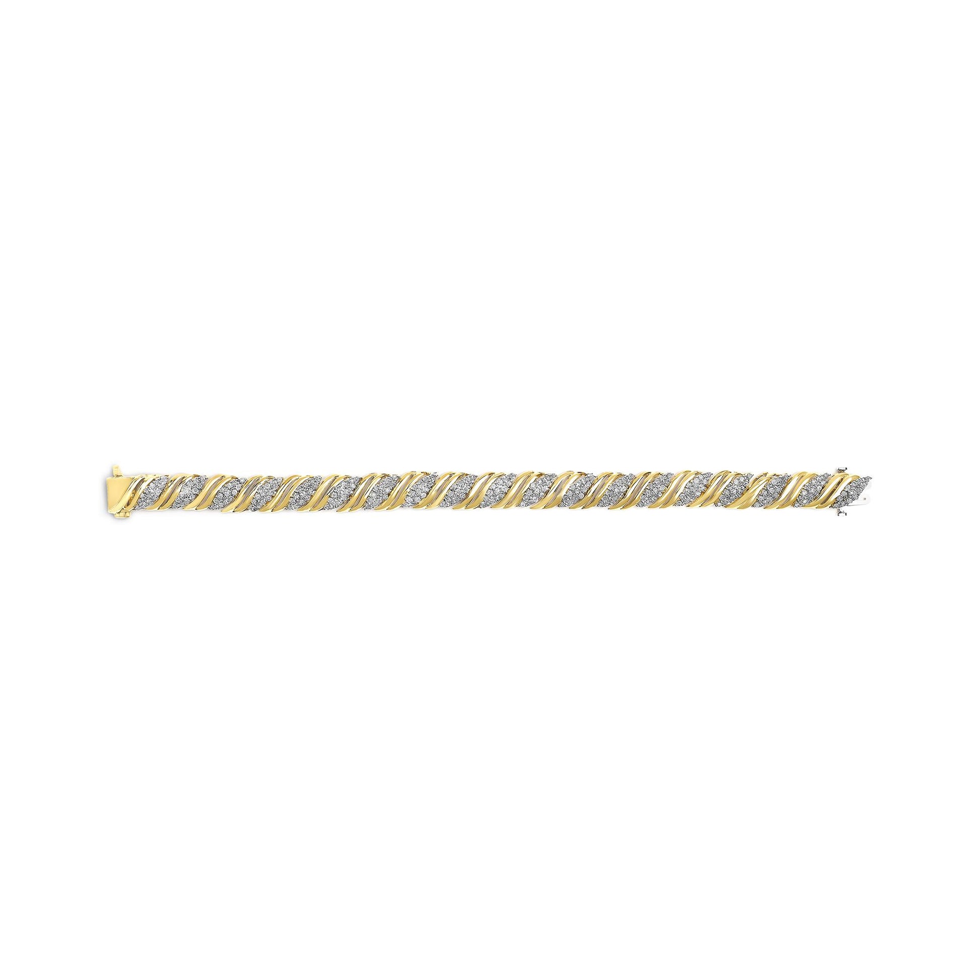 Yellow metal bracelet with alternating diagonal rows of small white gemstones and smooth yellow metal bands, shown from a front angle on a white background.