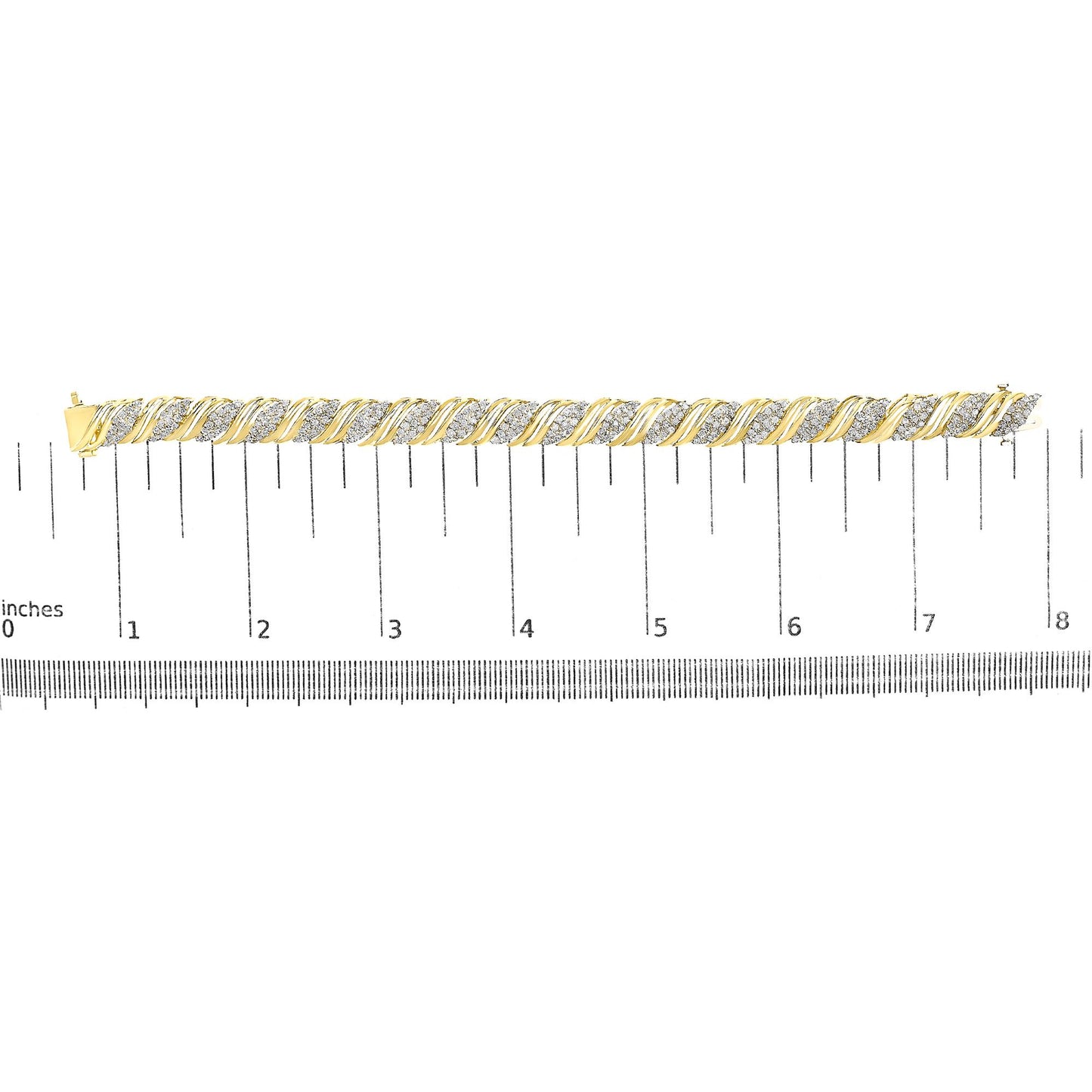 Yellow bracelet with alternating twisted metal and clusters of white gemstones in a prong setting, shown on a measuring scale from a top-down angle.