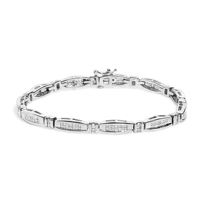 White metal bracelet with alternating links featuring channel-set princess shape white gemstones and smaller round shape prong-set white gemstones, shown from a slightly elevated front angle.