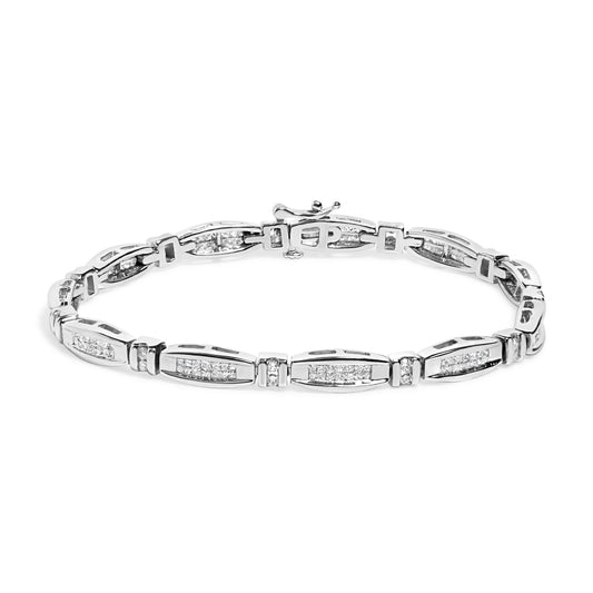 White metal bracelet with alternating links featuring channel-set princess shape white gemstones and smaller round shape prong-set white gemstones, shown from a slightly elevated front angle.
