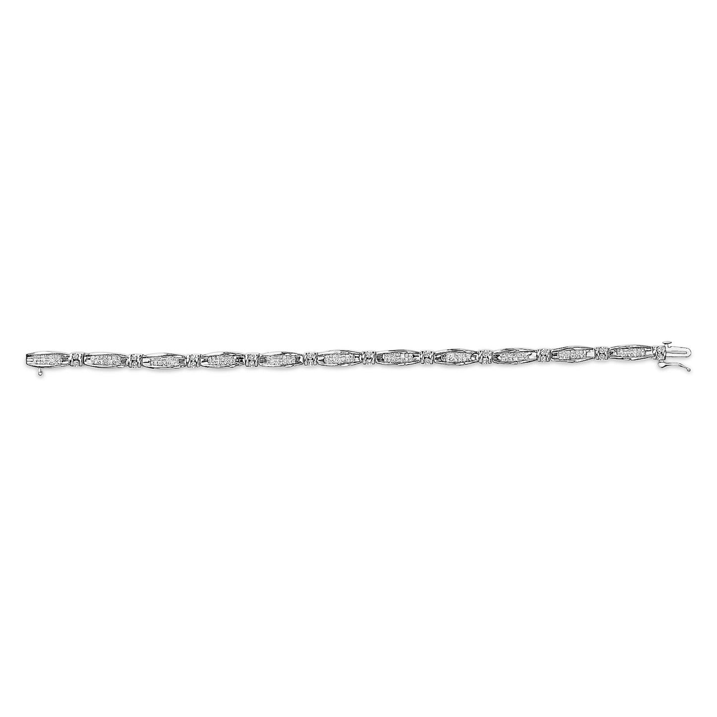 White metal bracelet with alternating sections of prong-set round white gemstones and channel-set princess-shaped white gemstones, shown from a top-down angle on a white background.