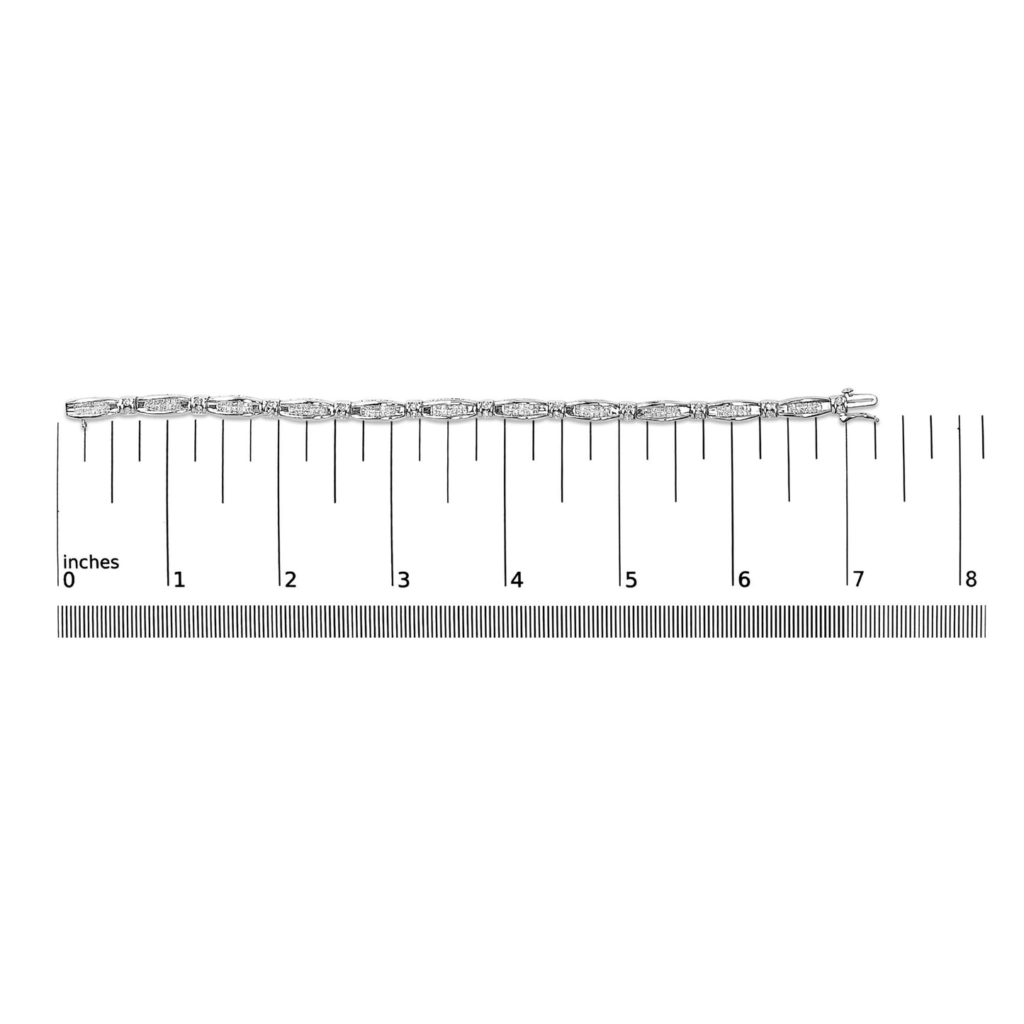 White bracelet with round prong-set white gemstones and channel-set princess-shaped white gemstones, displayed flat on a ruler for size reference, photographed from above.